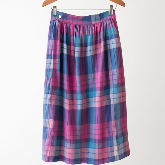 Fritzi of California Midi Skirt Sz 8 plaid Pleated Pockets Pink Blue 100% Cotton - Picture 1 of 8